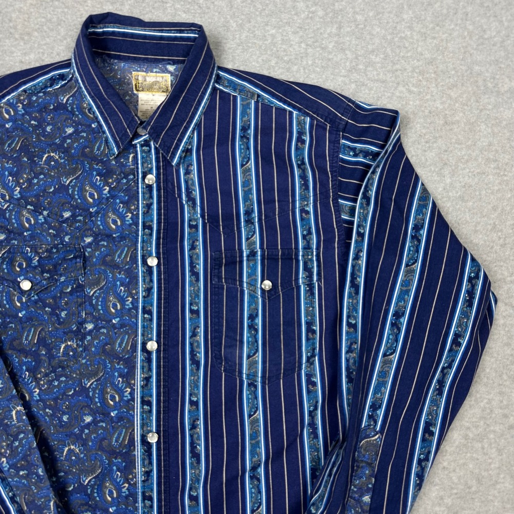 Express Rider Western Shirt Medium Blue‎ Paisley Stripe Pearl Snap Long Sleeve